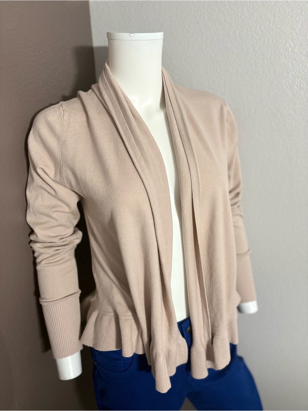 Essentials Open-Front Ruffle-Hem Cardigan - Light Beige - Picture 2 of 5